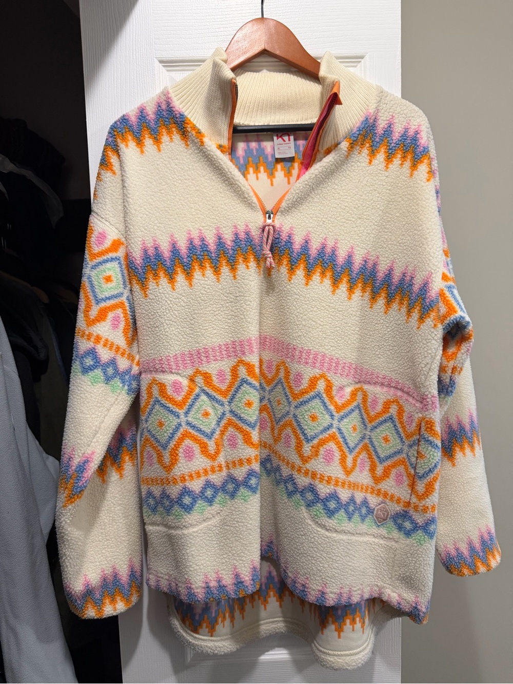 Kari Traa Cream Fair Isle Half-Zip Sweater with Orange, Pink & Blue Accents